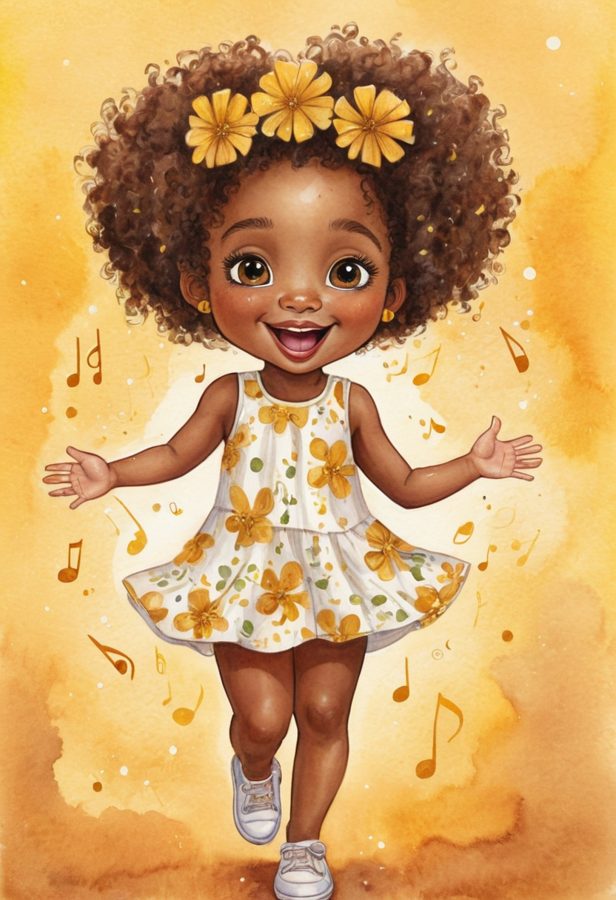 Harmony dancing in a yellow flowered dress with music notes