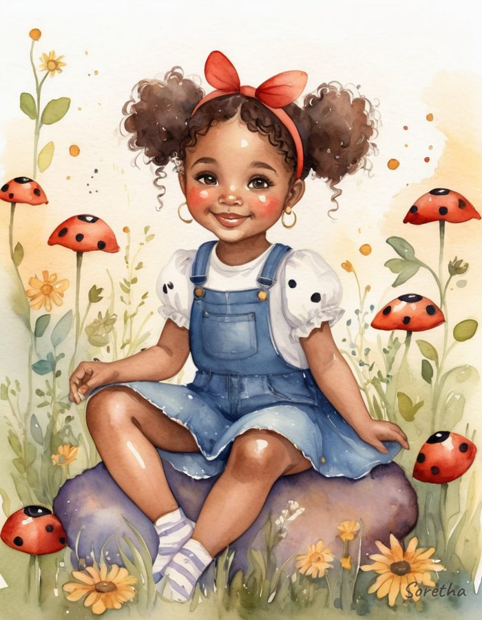 Janie in overalls and a red bow, sitting among ladybug mushrooms