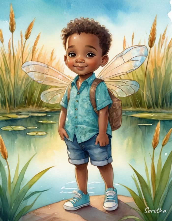 Zaire with dragonfly wings standing by a pond