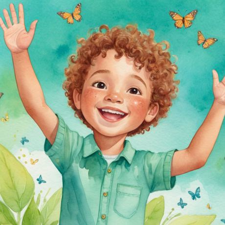 Kyran with butterflies, arms raised
