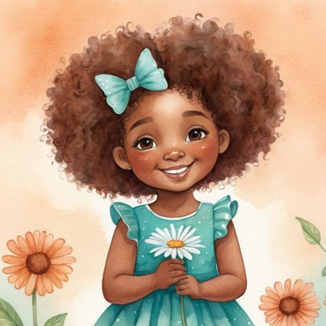 Heartsong girl in a teal dress holding a daisy