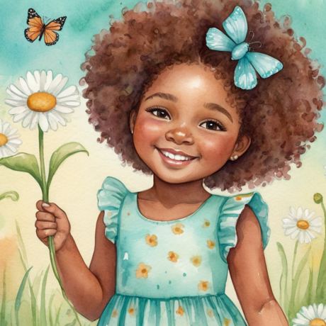 The same girl with a blue bow among daisies